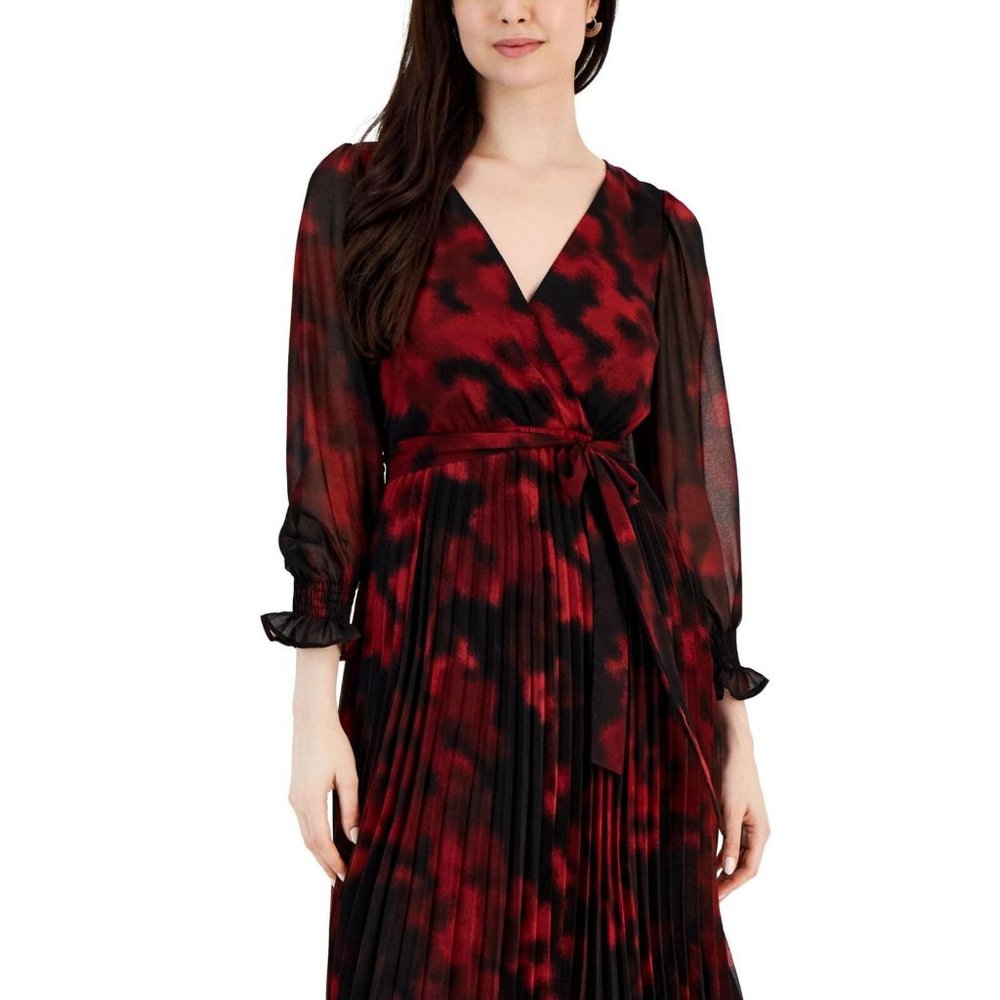 Red and Black Pleated Midi Wrap Dress - Picture 4 of 4